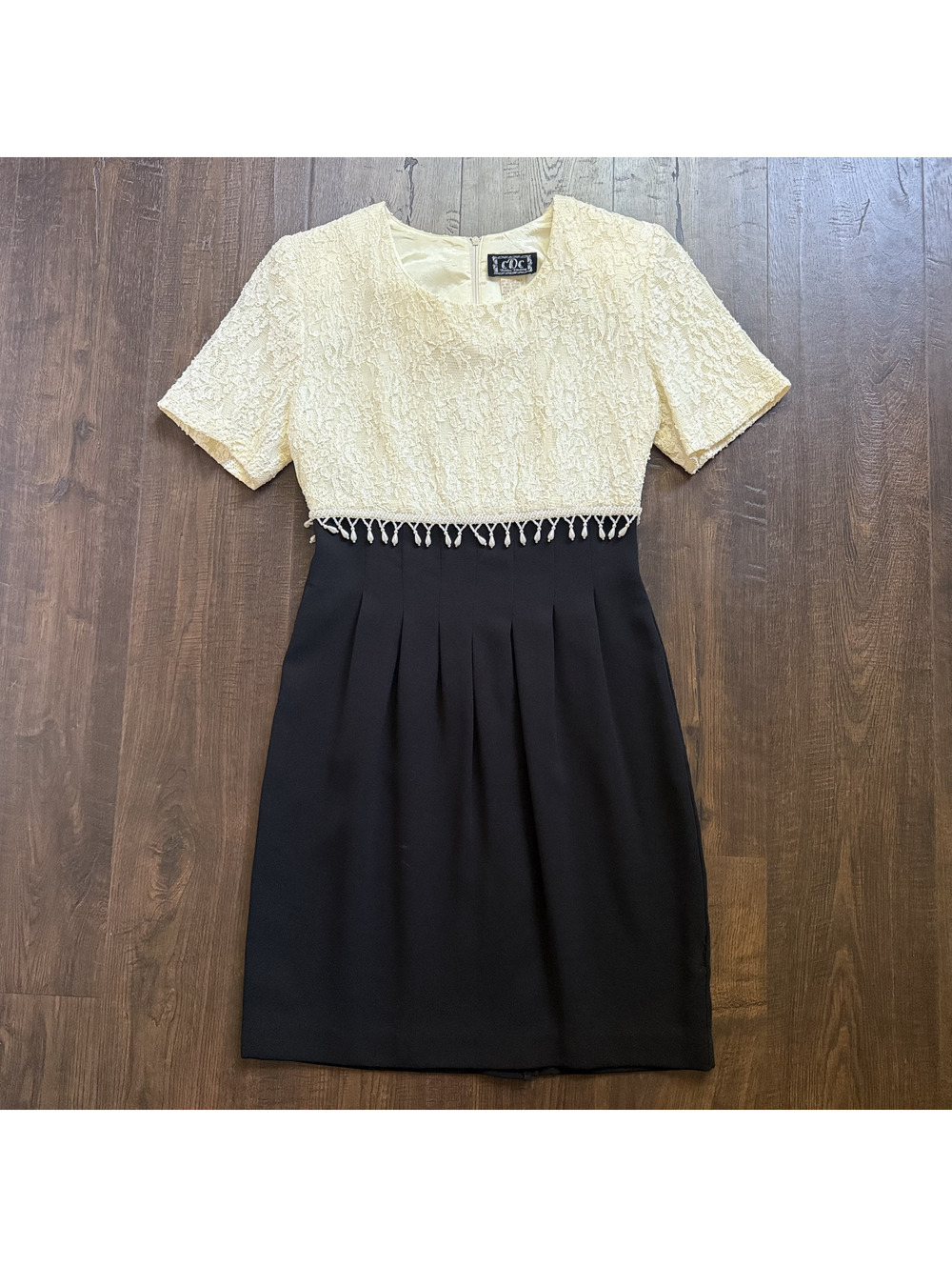 Vintage 90s CDC Petites Ivory Lace Black Beaded Fringe Midi Dress Size 4 XS